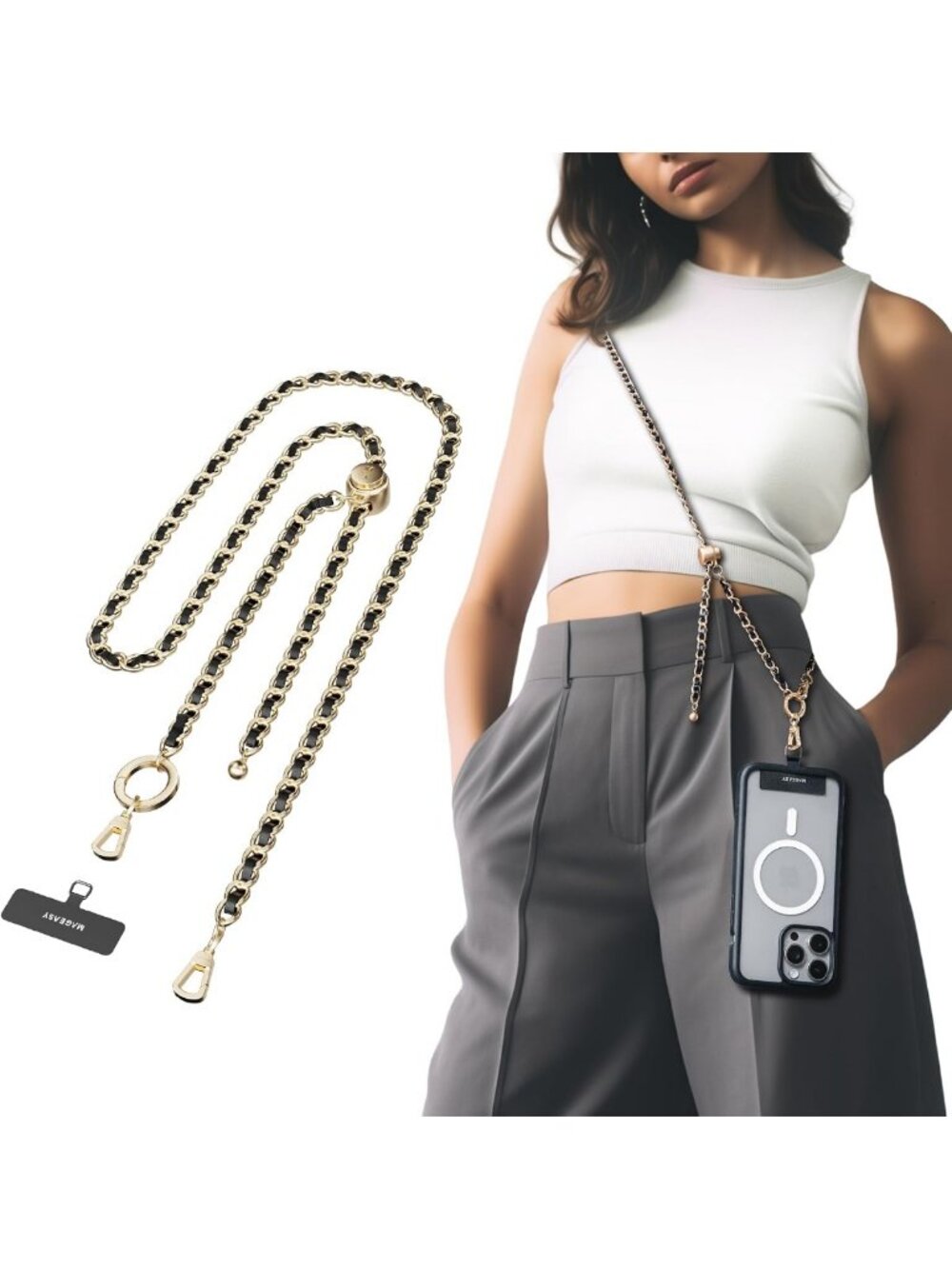 Chic Crossbody Cell Phone Lanyard with Adjustable Metal & Leather Strap, Gold